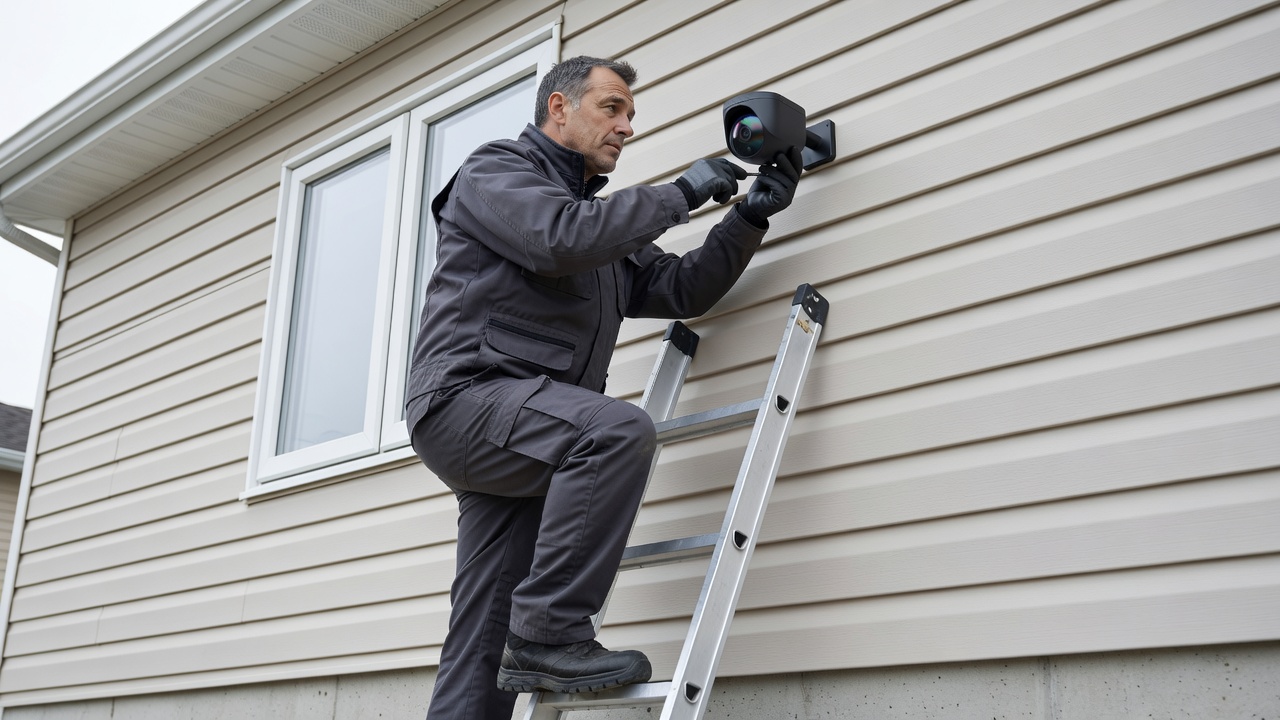 Professional technician installing a modern security camera on a residential exterior wall